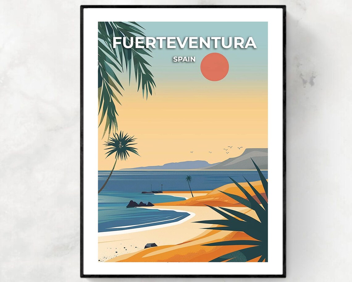 Fuerteventura Beach Sunset With Palms and Red Sun Travel Poster