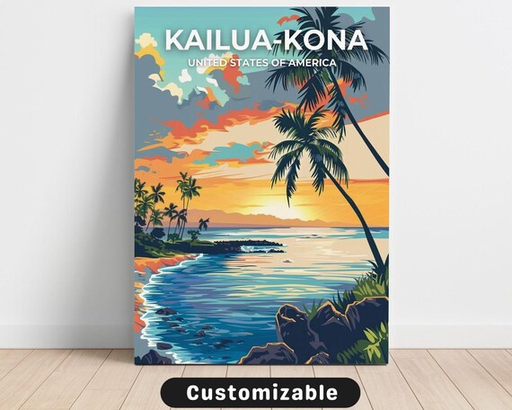 Kailua Kona Hawaii Palm Beach Sunset Vintage Travel Destination Poster