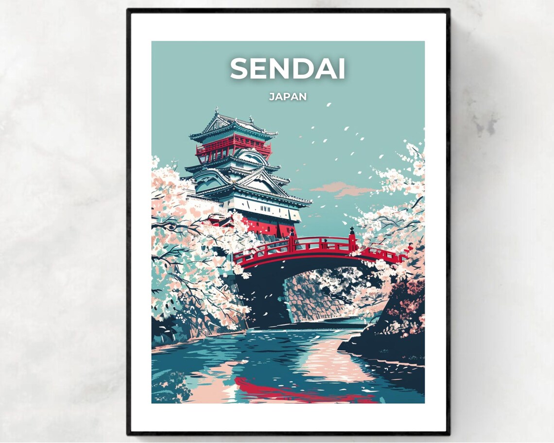 Sendai Japan Aoba Castle Cherry Blossom Red Bridge View Poster