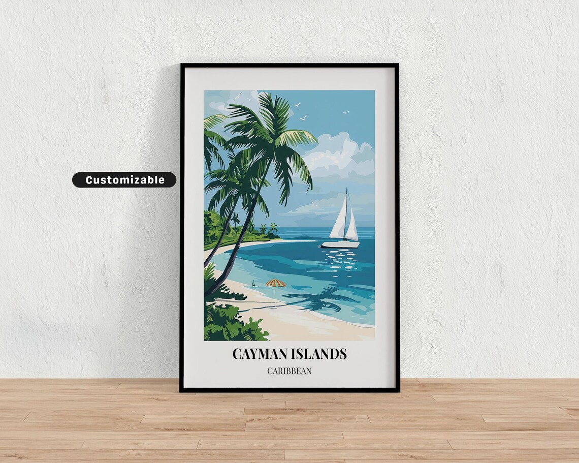 Cayman Islands Caribbean Sailboat Palm Beach Customizable Travel Poster