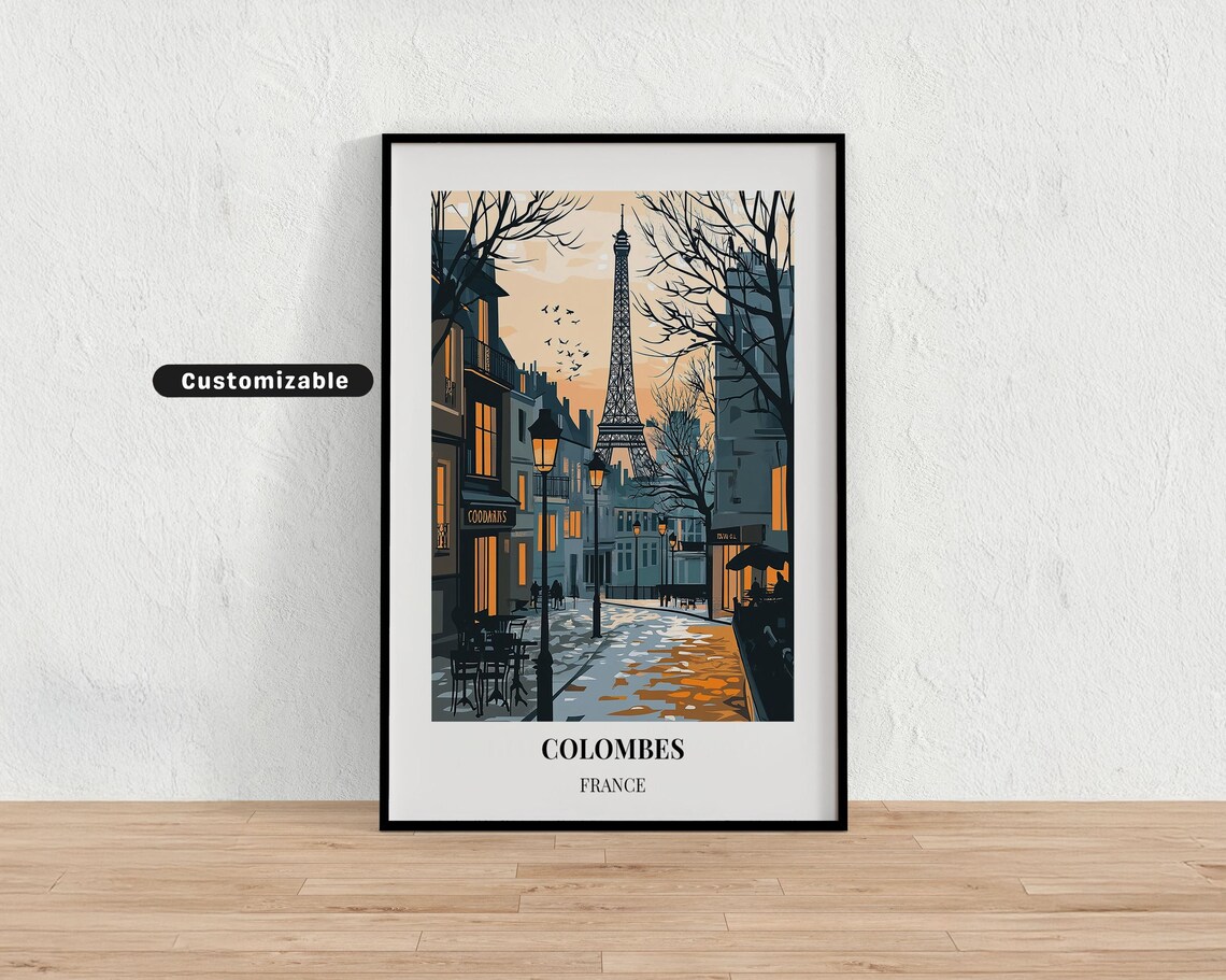 Colombes France Eiffel Tower Dusk Street Scene Travel Art Poster