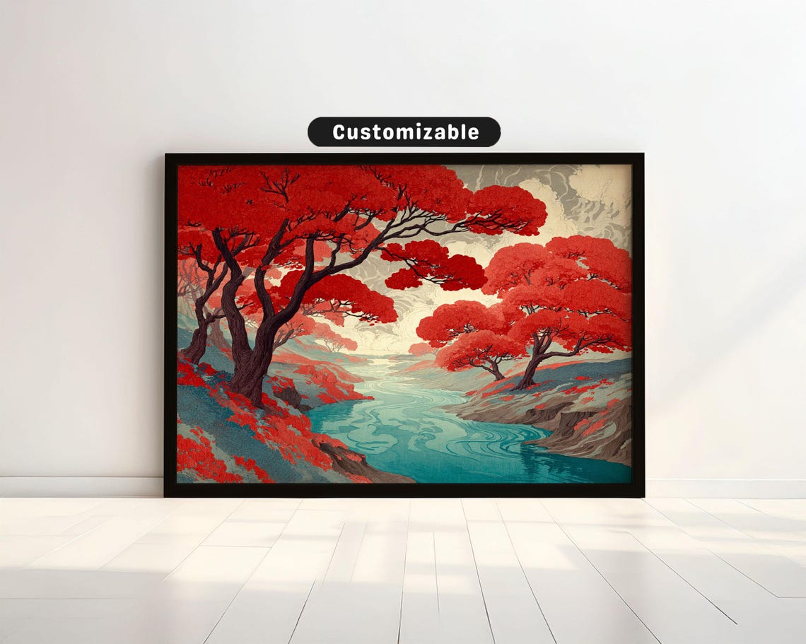 Redleafed Trees And Winding River In Stylized Japanese Art Wall Print Zen Asian Decor