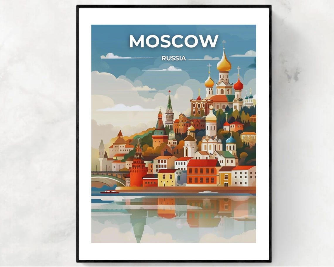 Moscow Russia Kremlin Riverside Churches Day Scene View Poster
