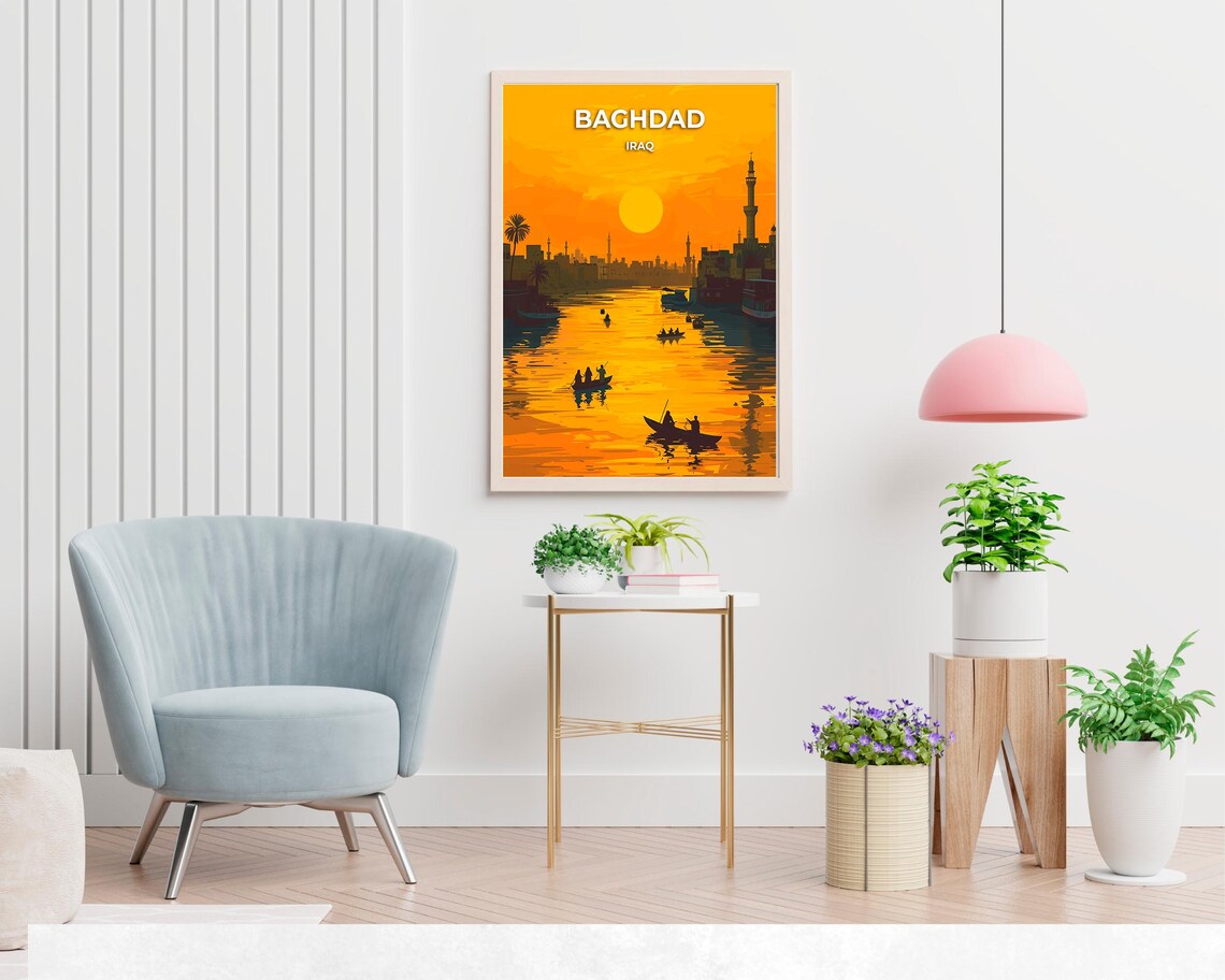 Baghdad Iraq Sunset River Boats Minaret Skyline Golden Travel Poster - Image 2