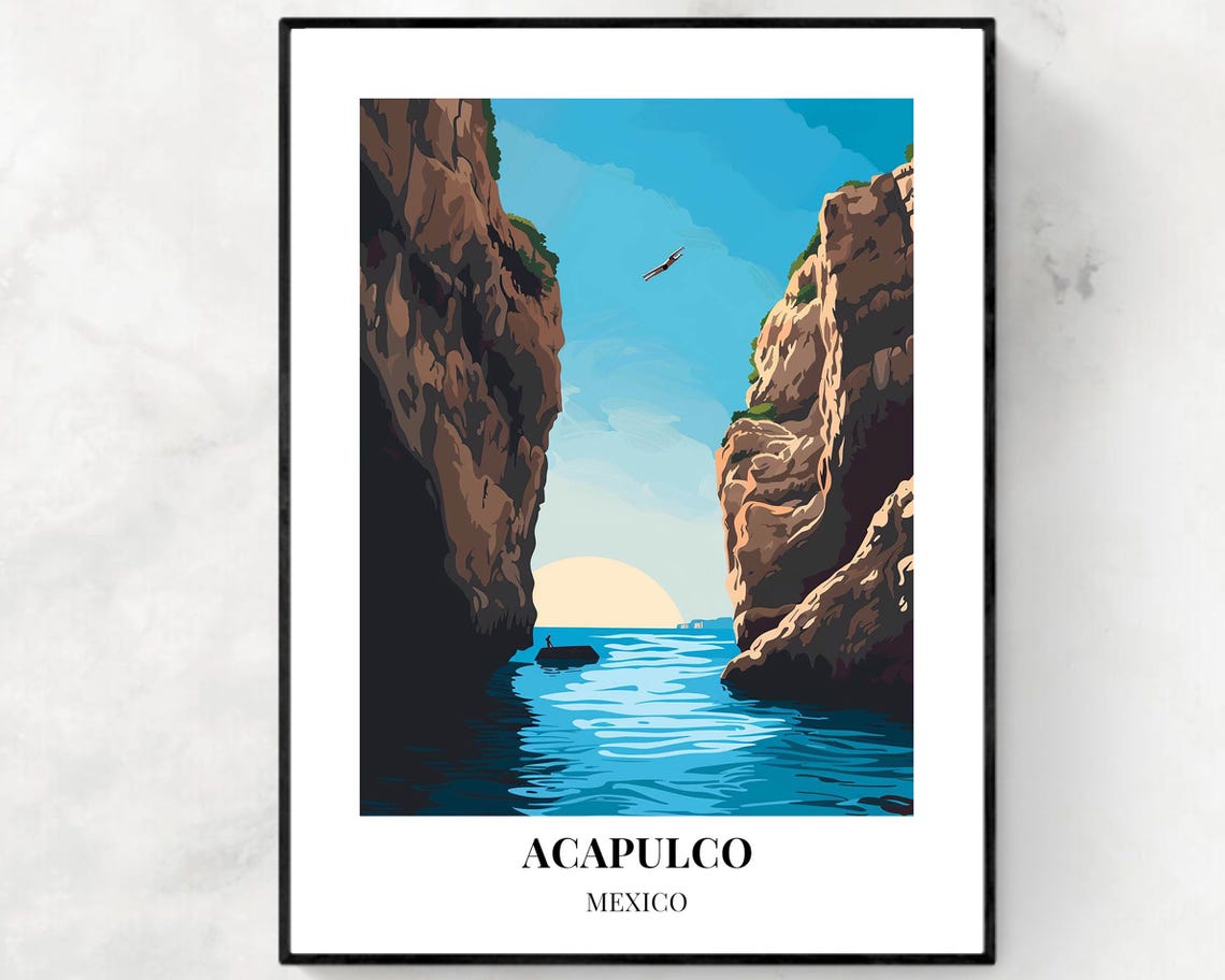 Acapulco Mexico Cliff Diver Soaring Between Sunset Cliffs Poster