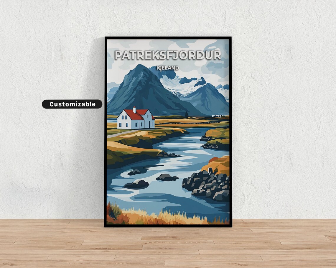 Patreksfjordur Iceland Red Roof House River Customizable Travel Poster