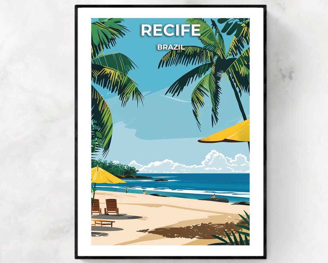 Recife Brazil Boa Viagem Beach Umbrellas And Tall Palms Poster