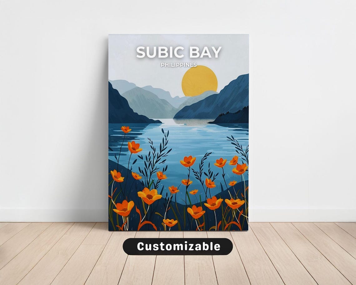 Subic Bay Philippines Travel Poster Mountain Lake Sunset Floral Art