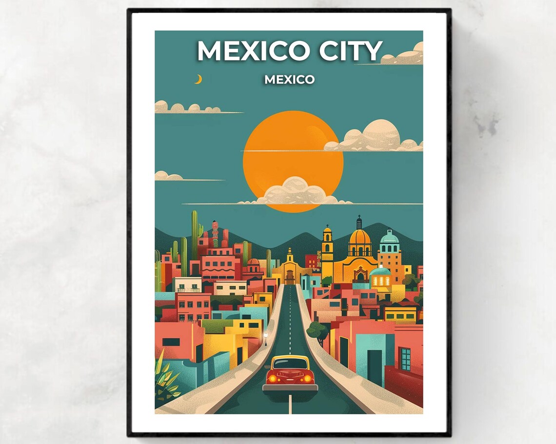 Mexico City Sunset Street With Vintage Car And Orange Sun Poster