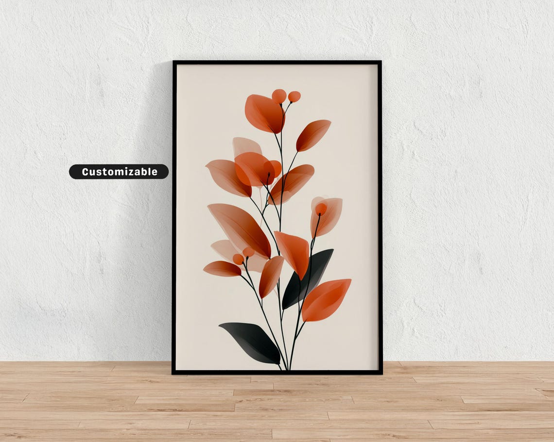 Terracotta Leaves Minimal Botanical Poster Cream Modern Plant Decor