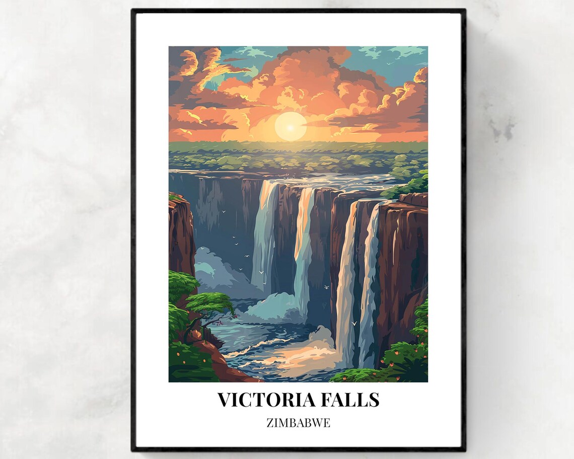 Victoria Falls Zimbabwe Sunset Over Mighty Waterfall Travel Poster