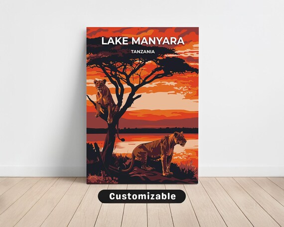 Lake Manyara Tanzania Sunset Lions Acacia Tree Safari Art Poster