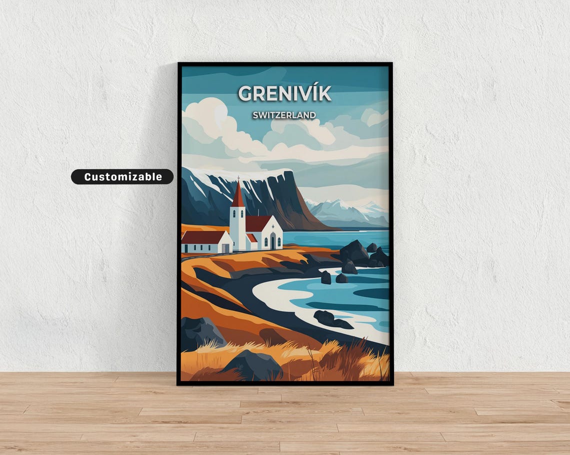 Grenivik Switzerland Church Bay Snowy Mountain Coastal Travel Poster