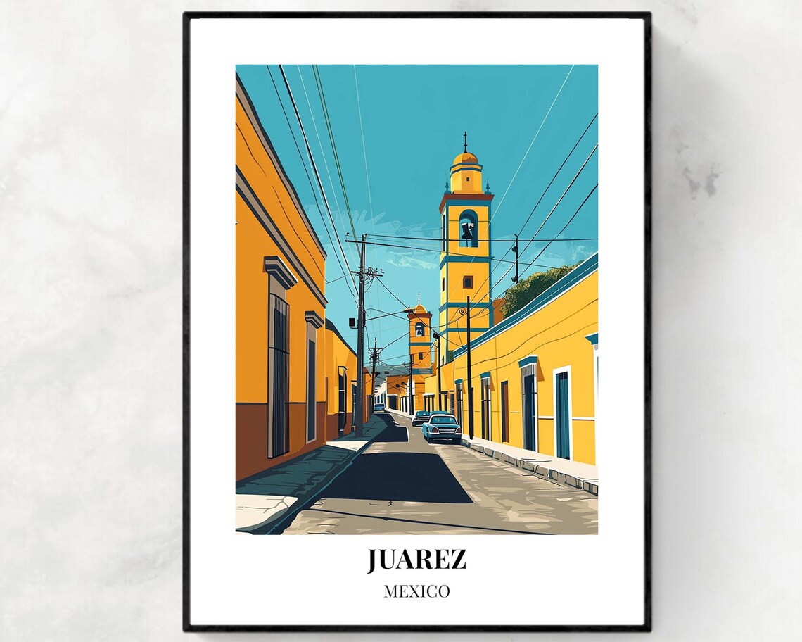 Juarez Mexico Yellow Church Bell Tower Old Street Scene Poster