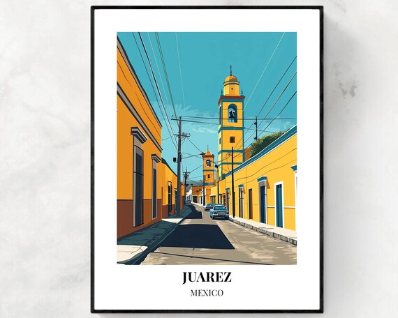 Juarez Mexico Yellow Church Bell Tower Old Street Scene Poster