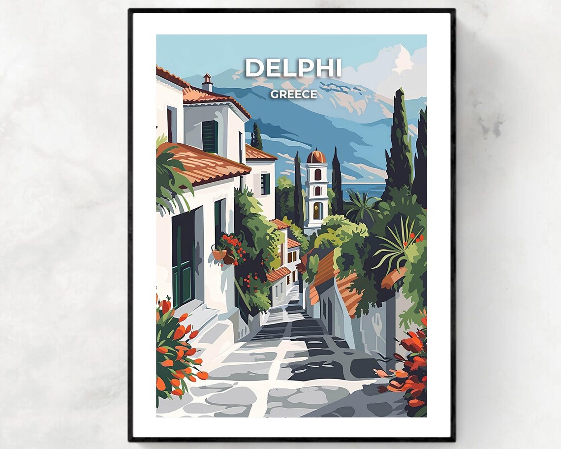 Delphi Greece Mount Parnassus Village Alley Flowers Travel Poster