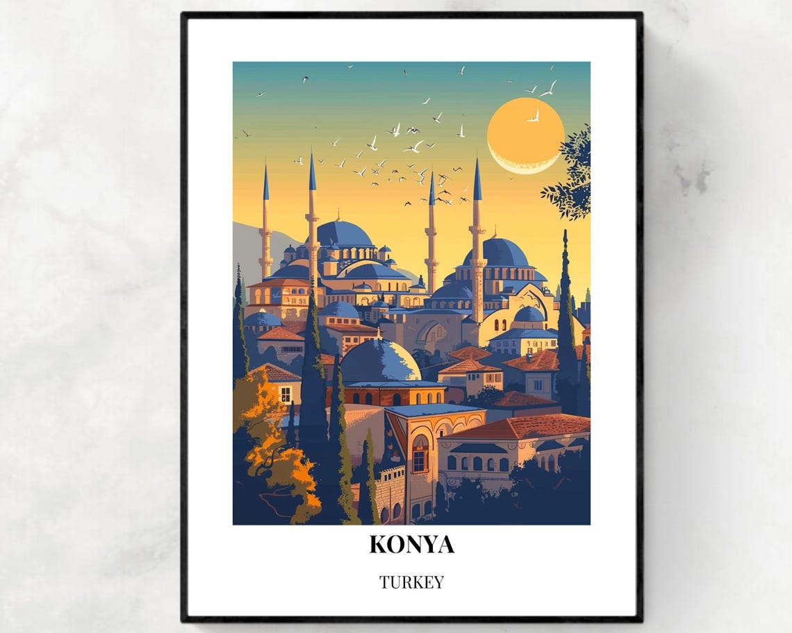Konya Turkey Grand Blue Domed Mosque Sunset Skyline Travel Poster