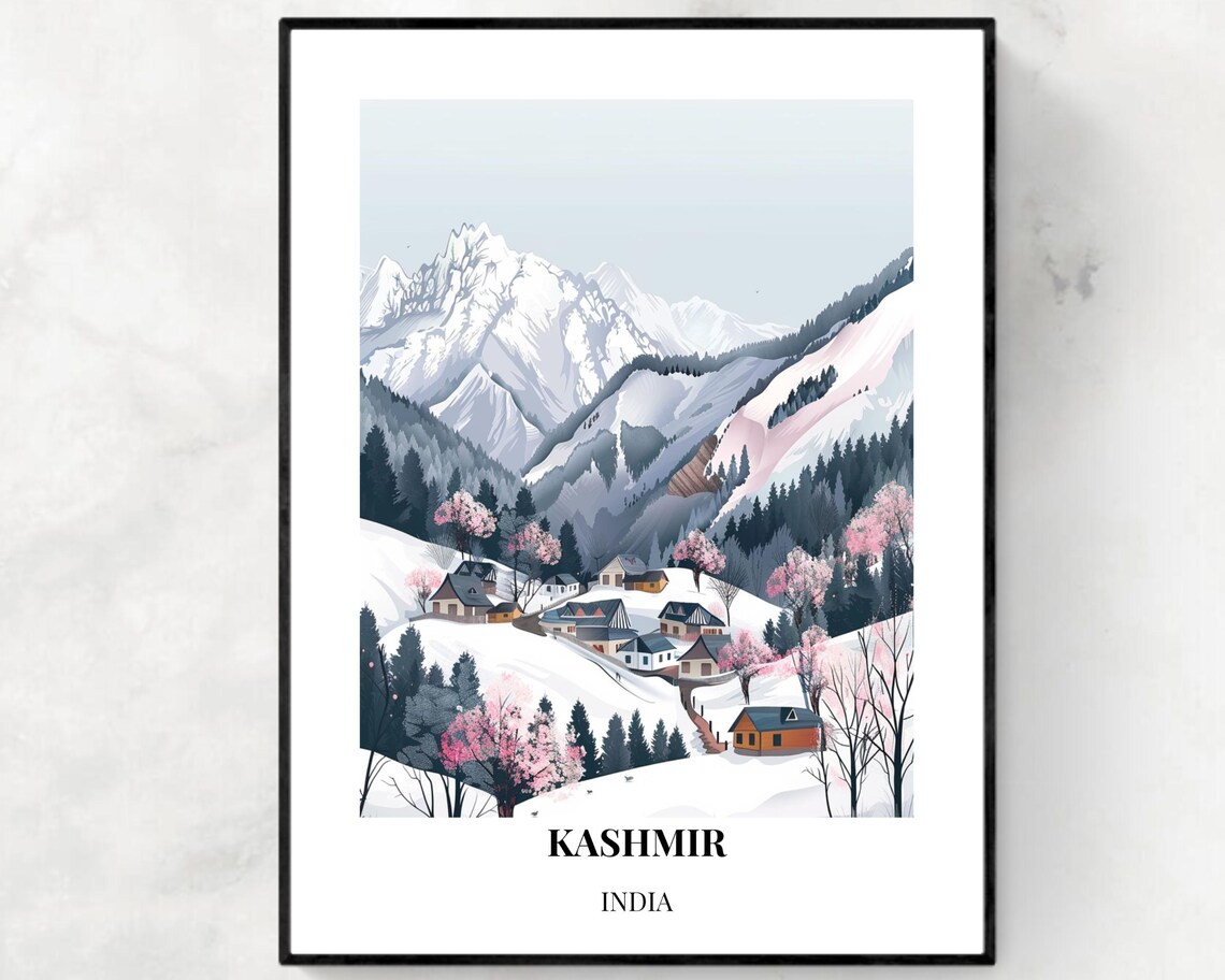 Kashmir India Snowy Mountain Village Winter Landscape Travel Poster