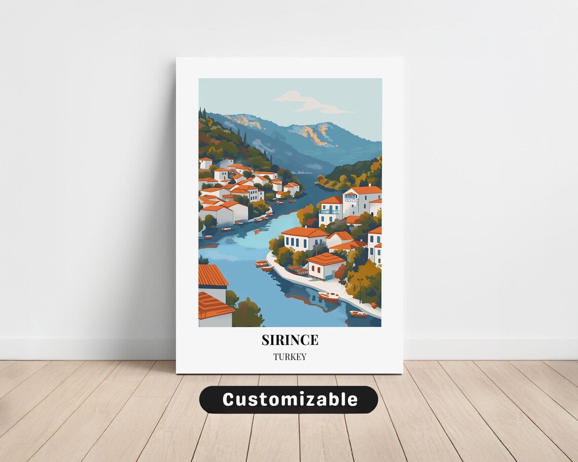 Sirince Turkey Riverside Village Boats Vintage Travel Poster