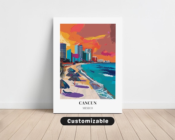 Cancun Mexico Beach Sunset Travel Poster Palapas Skyline Coastal Art