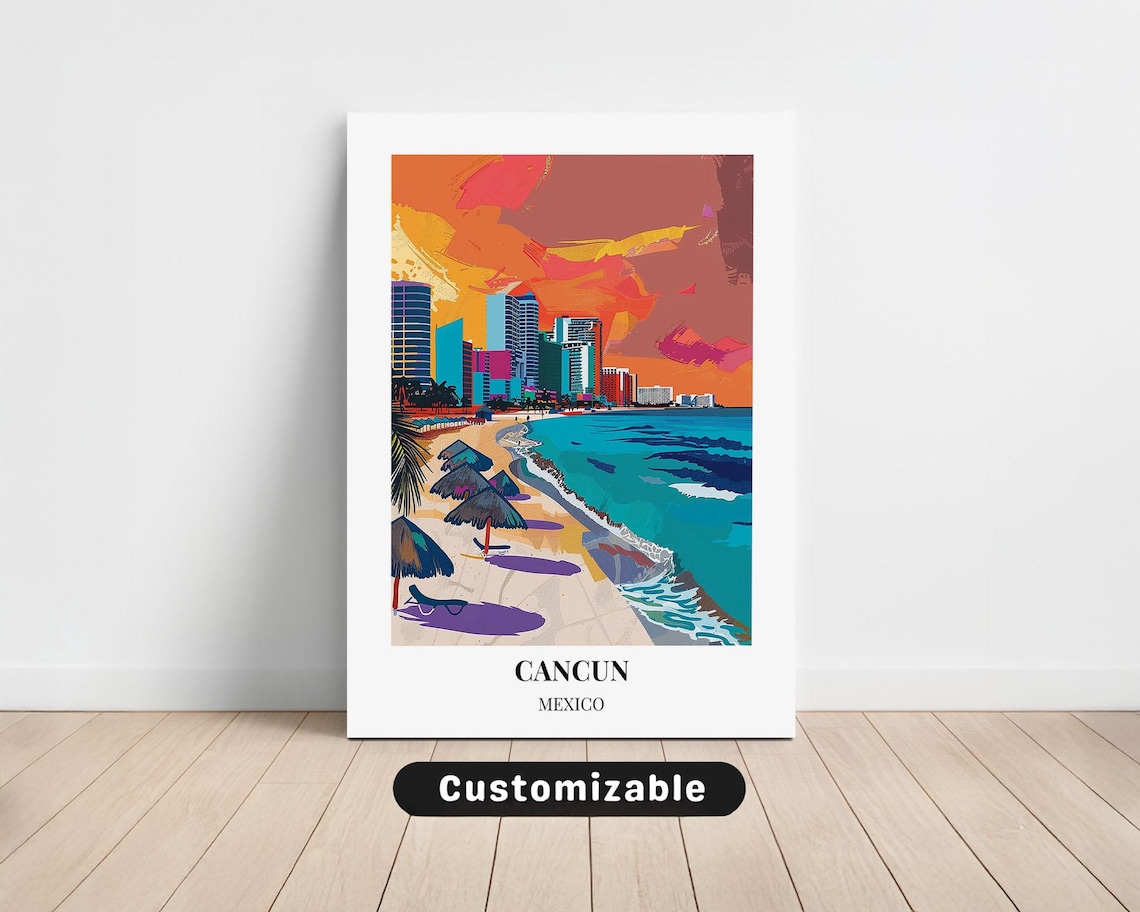Cancun Mexico Beach Sunset Travel Poster Palapas Skyline Coastal Art