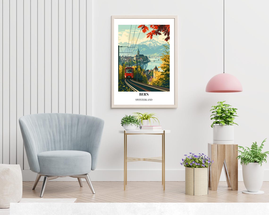 Bern Switzerland Red Tram Hillside Alpine View Travel Poster - Image 2