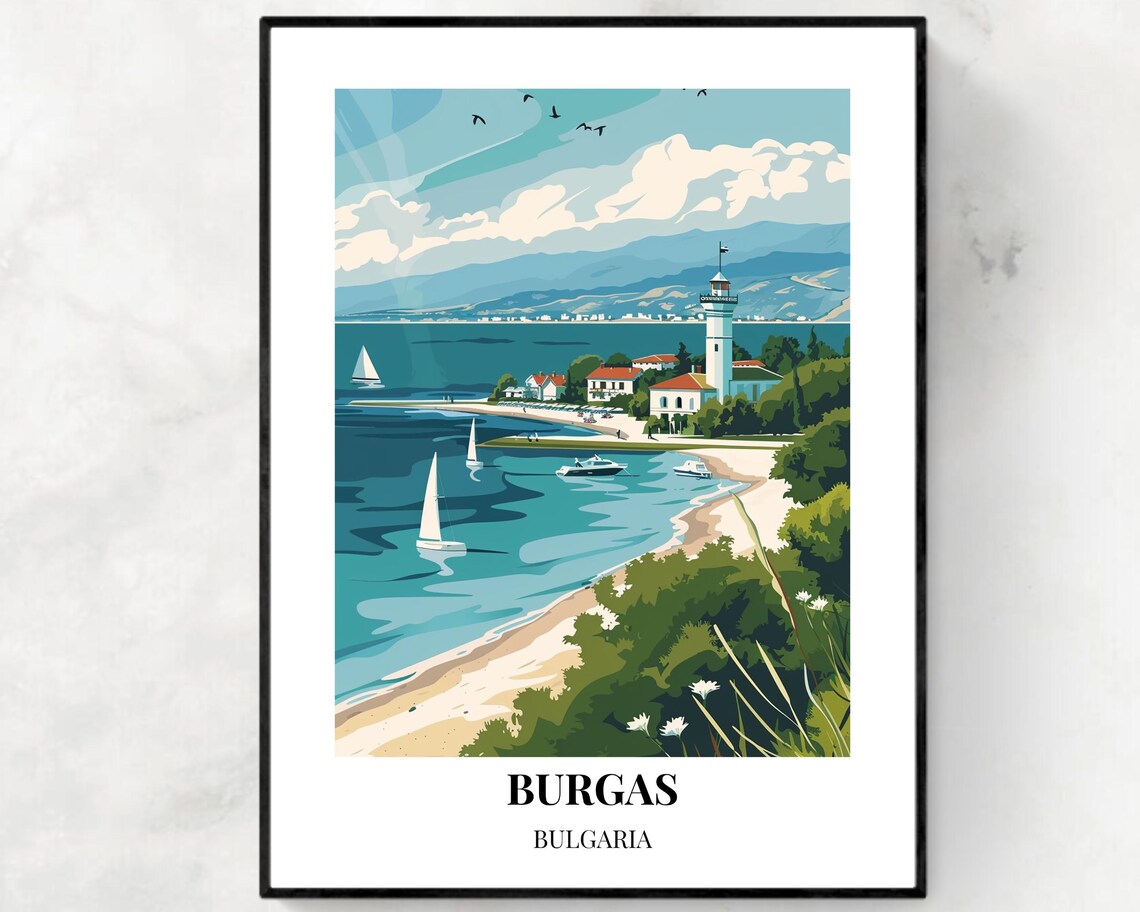 Burgas Bulgaria Lighthouse Beach with Sailboats Retro Travel Poster
