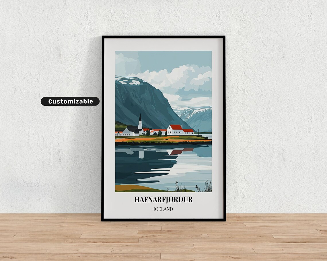 Hafnarfjordur Iceland Church Calm Lake Reflection Travel Poster