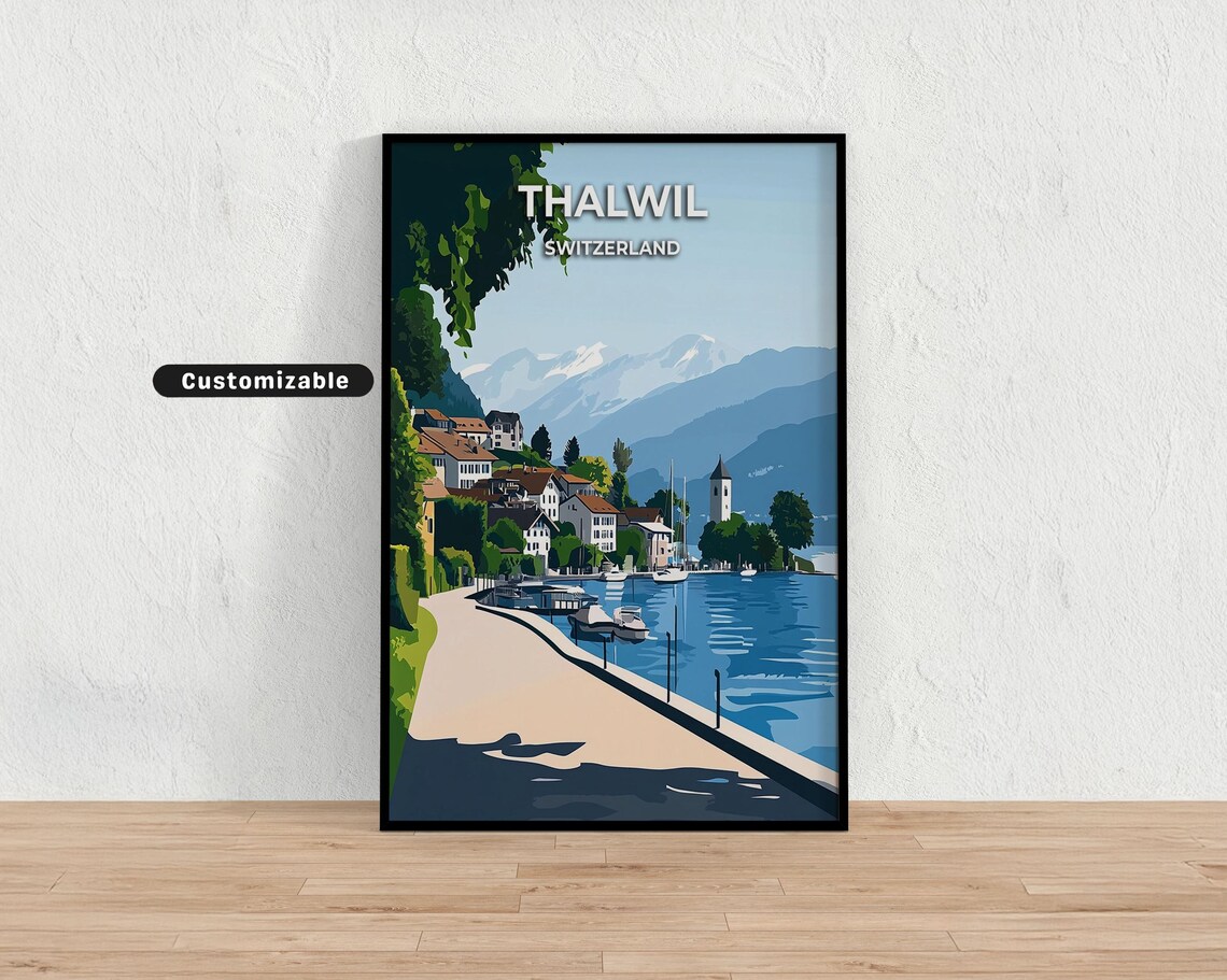 Thalwil Switzerland Travel Poster Lakeside Promenade Summer Retro Art