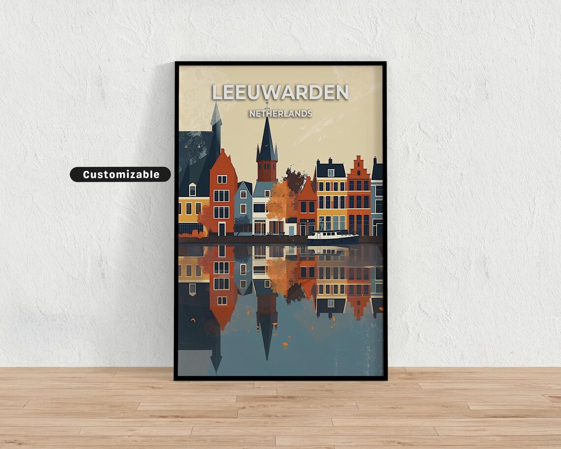 Leeuwarden Netherlands Canal Houses Reflection Travel Poster