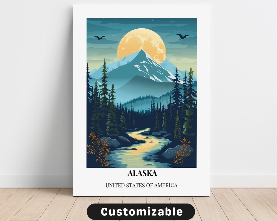 Retro Alaska USA Snowy Mountain Moon Night Wilderness Travel Poster
