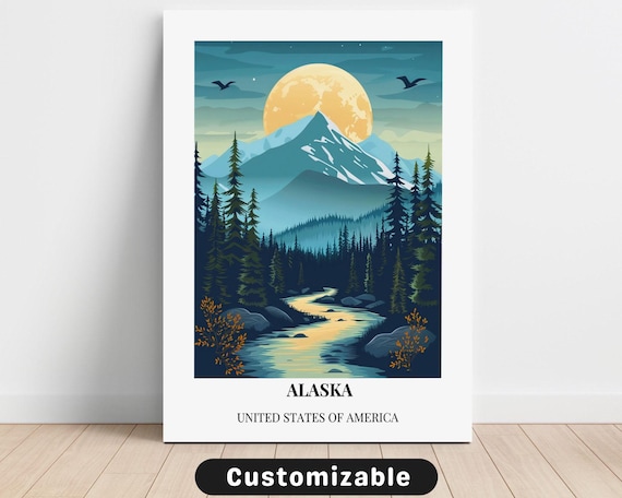 Retro Alaska USA Snowy Mountain Moon Night Wilderness Travel Poster
