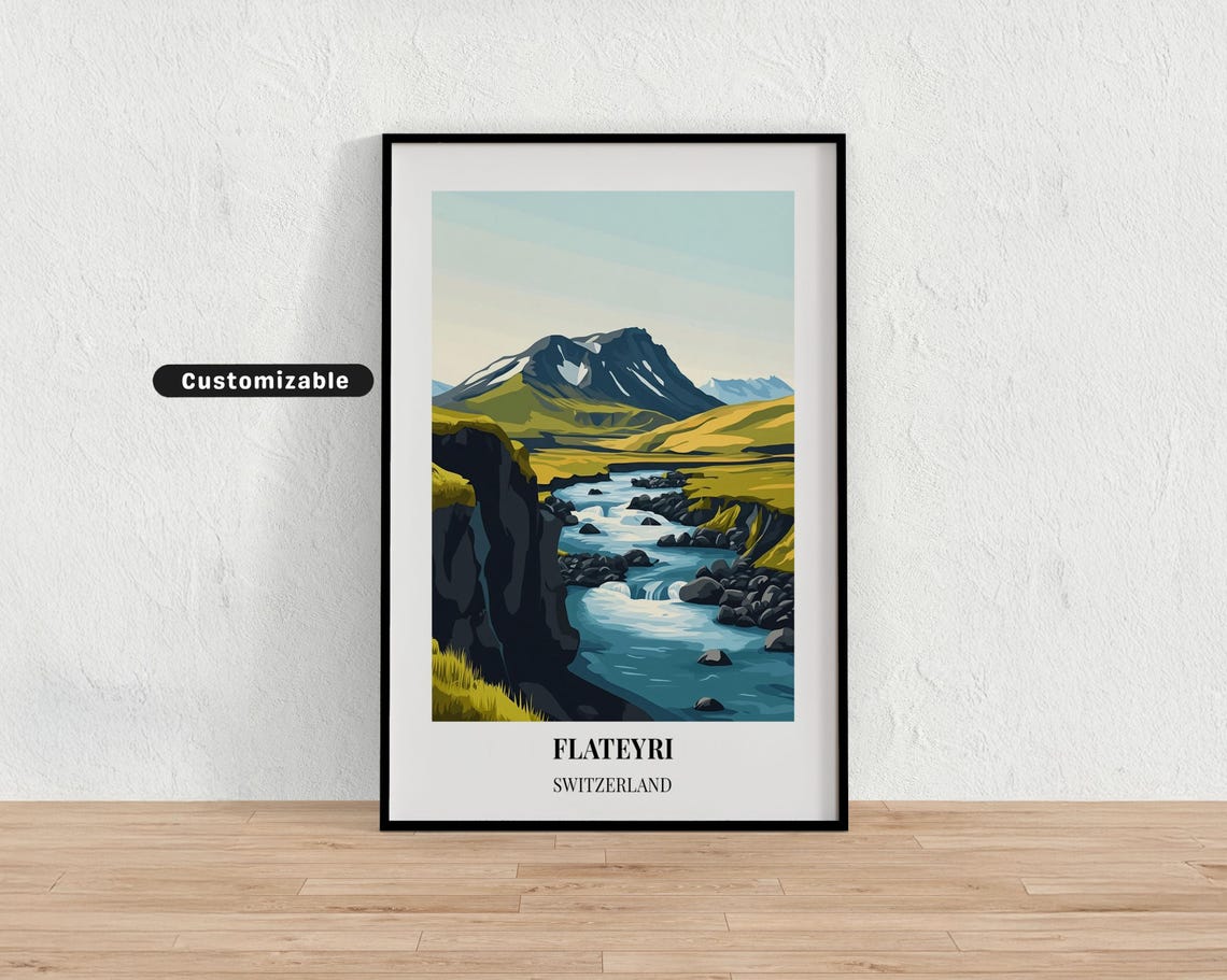 Flateyri Switzerland Rushing River Valley Mountain Travel Poster