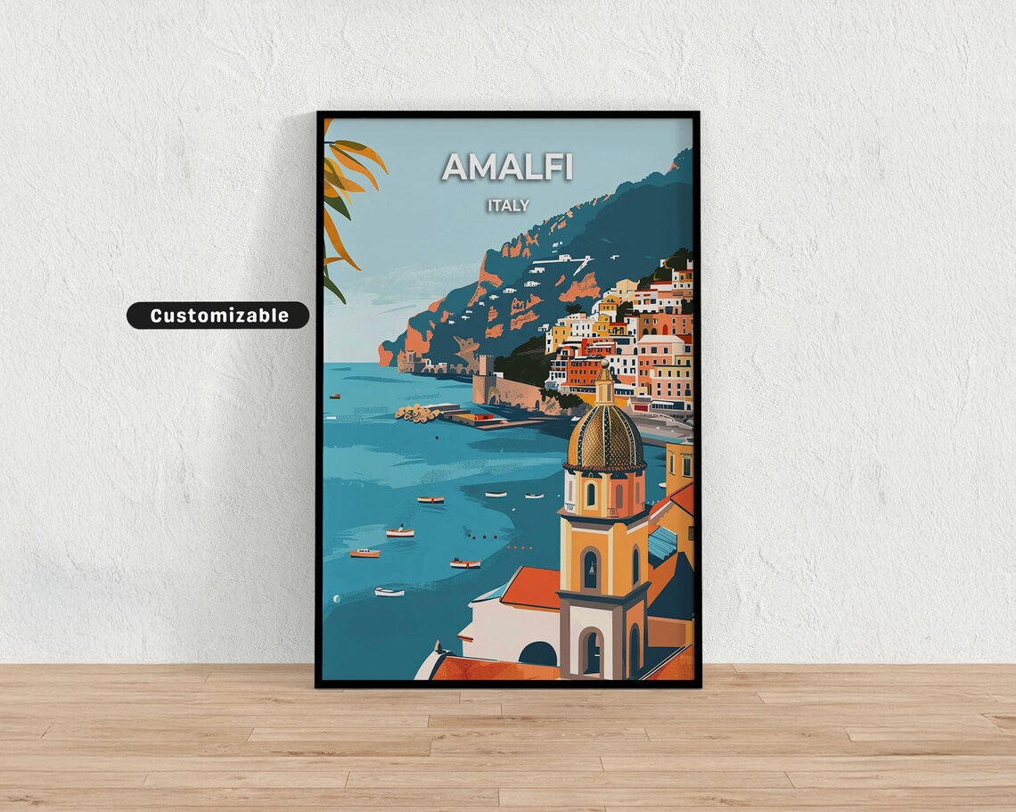 Amalfi Italy Coastal Cliff Town Cathedral Dome Travel Poster
