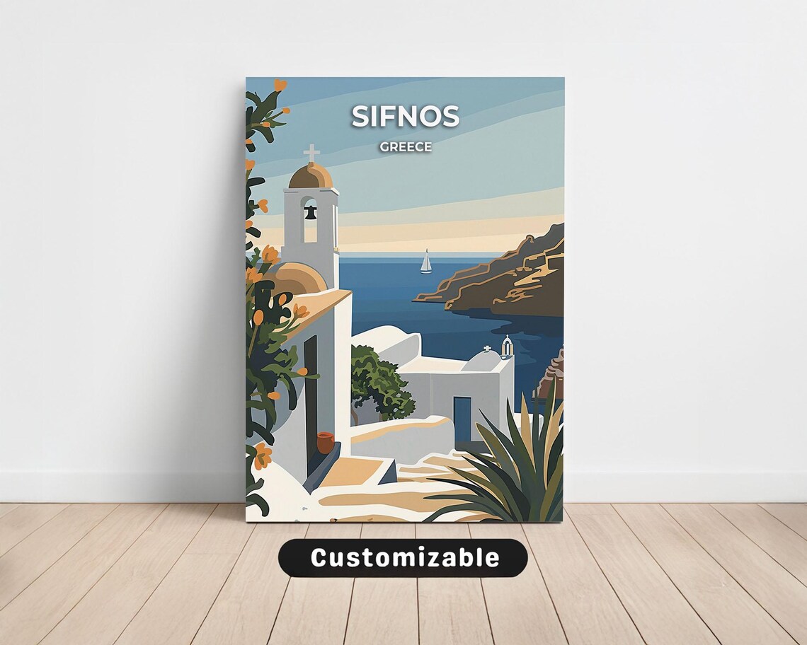 Sifnos Greece Vintage Travel Poster White Chapel Aegean Sea Sailboat