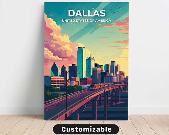 Dallas Skyline Train Bridge Sunset Clouds United States Travel Poster
