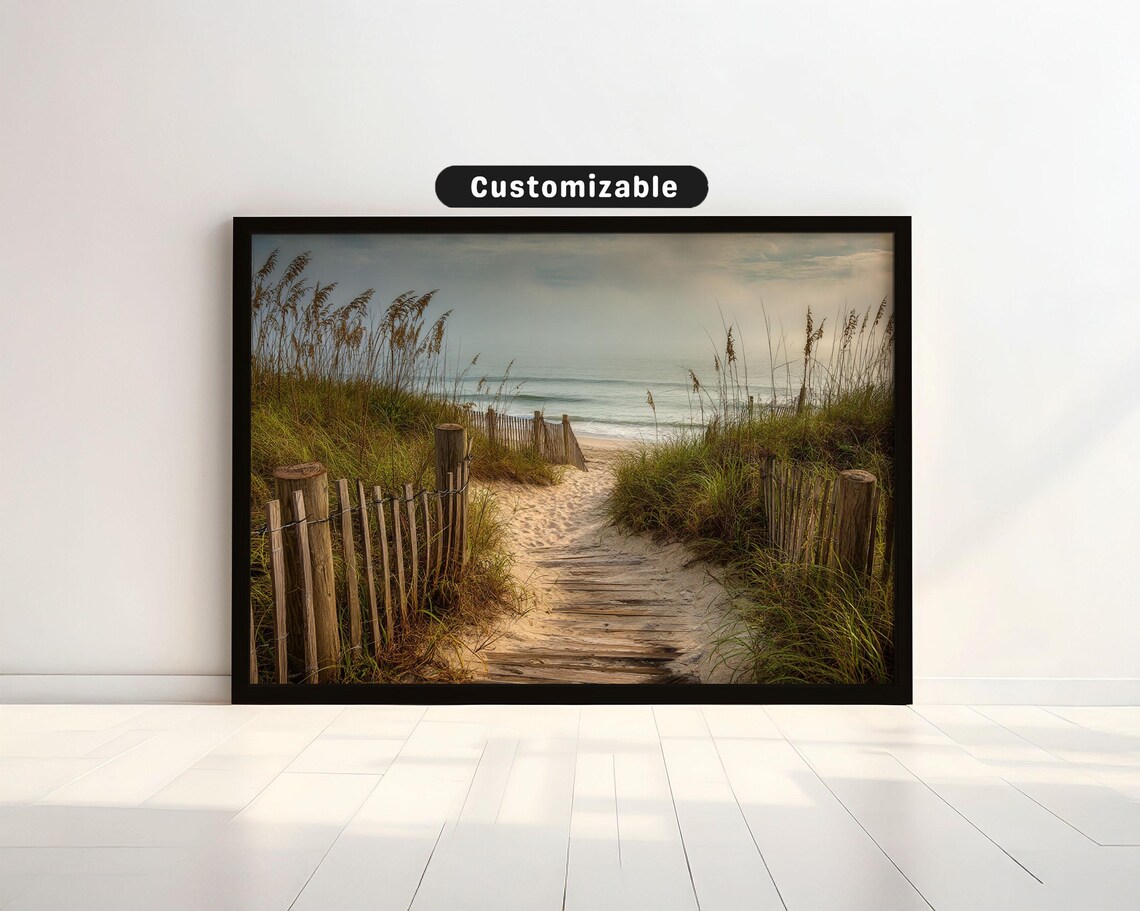 Wooden Boardwalk Over Sand Dunes To Misty Ocean Beach Path Photo Poster