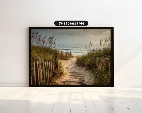 Wooden Boardwalk Over Sand Dunes To Misty Ocean Beach Path Photo Poster