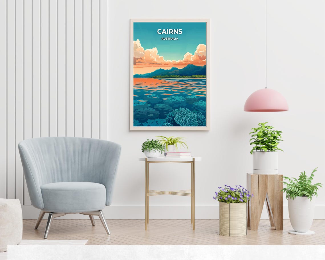 Cairns Australia Coral Reef Sunset Ocean Waves Scenic Art Poster - Image 2