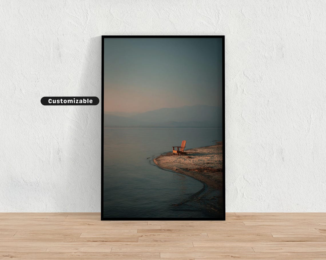 Lone Chair on Sandbar at Dusk Calm Ocean Photography Wall Art