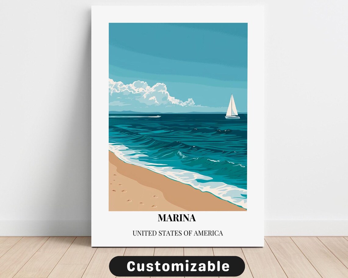 Marina Beach Sailboat Turquoise Wave Retro Coastal Travel Poster