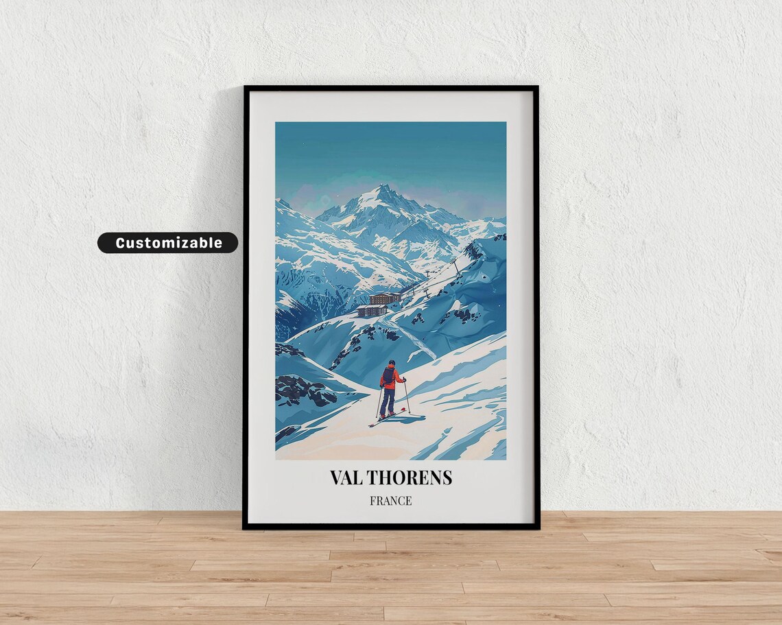 Val Thorens France Skier On Snowy Ridge Beneath Towering Peak Poster