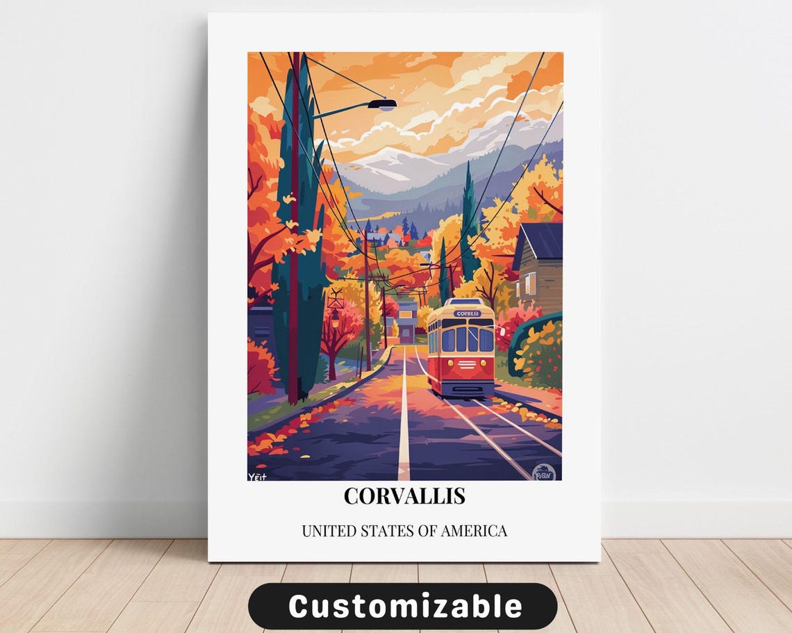 Corvallis Oregon Streetcar Fall Colors Retro Travel Art Poster