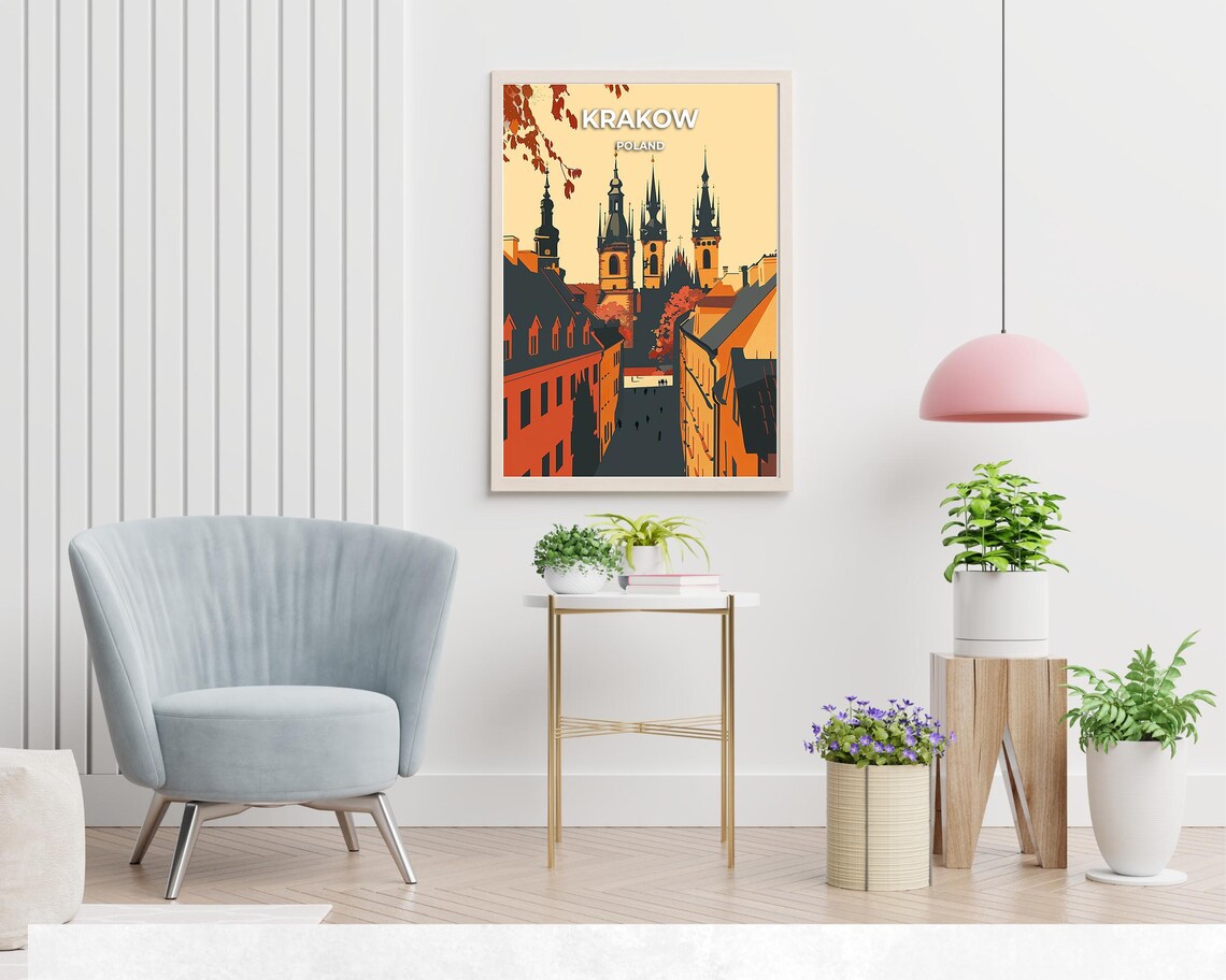 Krakow Poland Old Town Street Church Towers Retro Travel Poster - Image 2