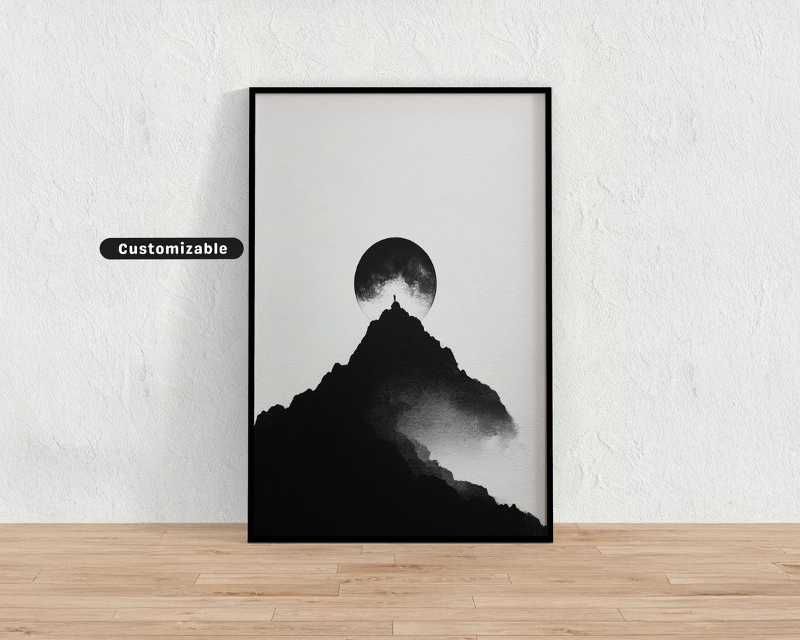 Black Ink Mountain Silhouette Under Full Moon Minimalist Poster
