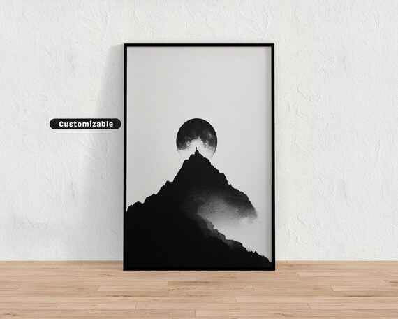 Black Ink Mountain Silhouette Under Full Moon Minimalist Poster