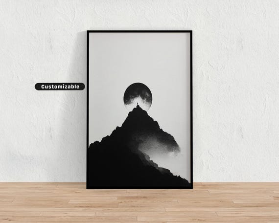 Black Ink Silhouette Of Mountaintop With Full Moon Japanese Wall Art Print Zen Asian Decor