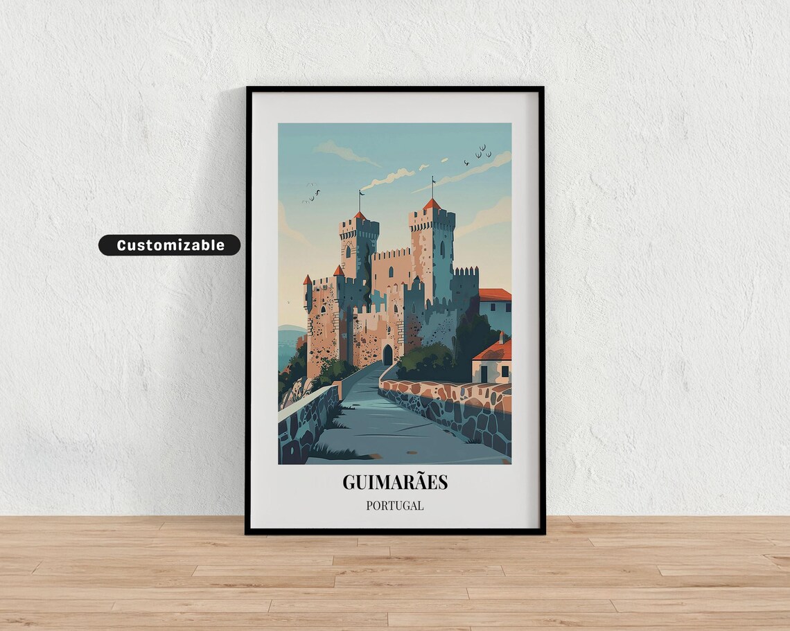 Guimaraes Portugal Medieval Castle Hilltop Vintage Travel Poster