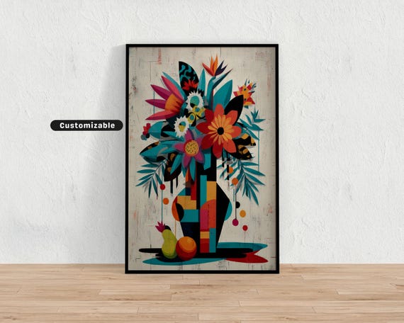Abstract Vase With Flowers Fruit Bold Modern Wall Art Colorful Kitchen Decor