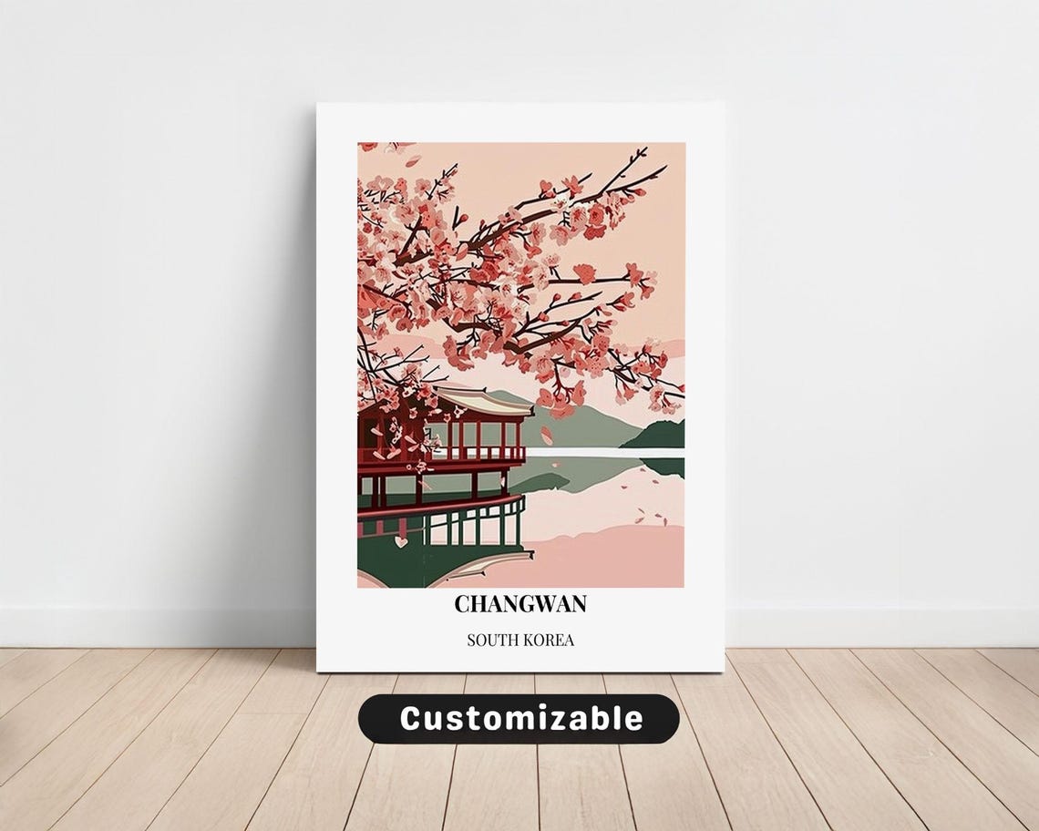 Changwan South Korea Travel Poster Cherry Blossom Lake Pavilion Scene